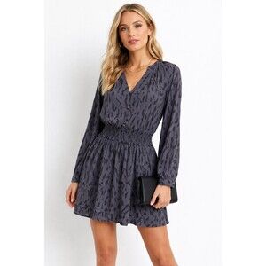 Rails Women's S Gray Black Long Sleeve Smocked Waist Mini Dress Animal Print